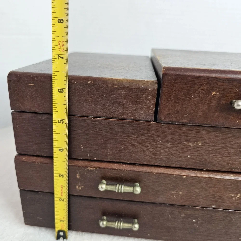 VTG Mid Century Modern Wood Jewelry Box 2 Drawer Blue Velvet Lined MCM Mirror